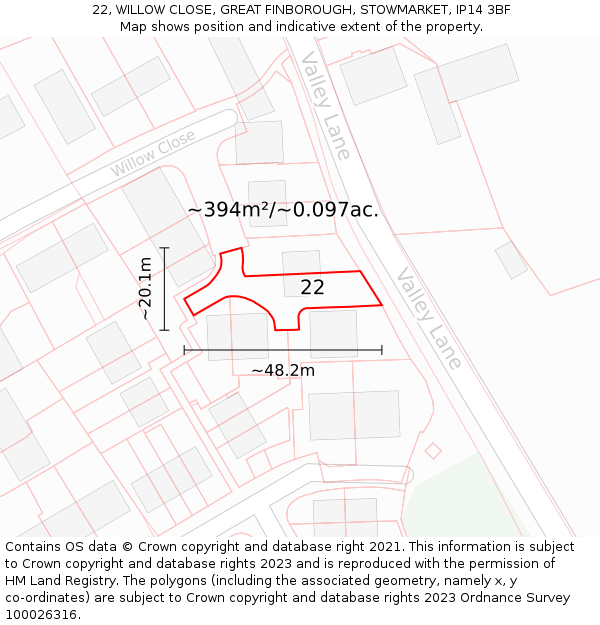 22, WILLOW CLOSE, GREAT FINBOROUGH, STOWMARKET, IP14 3BF: Plot and title map