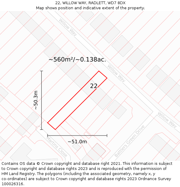 22, WILLOW WAY, RADLETT, WD7 8DX: Plot and title map