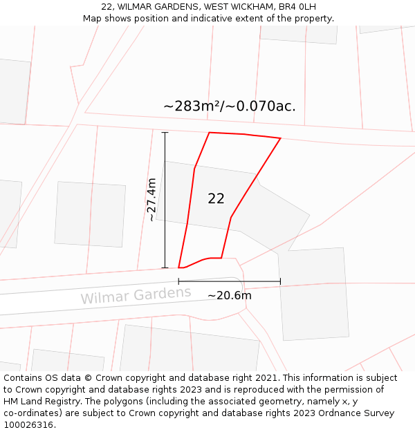 22, WILMAR GARDENS, WEST WICKHAM, BR4 0LH: Plot and title map