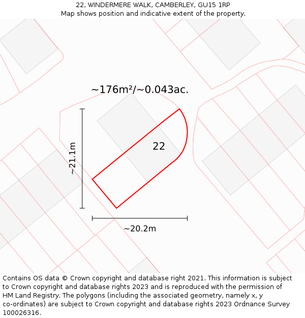 22, WINDERMERE WALK, CAMBERLEY, GU15 1RP: Plot and title map