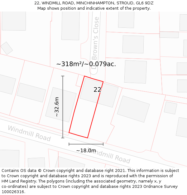 22, WINDMILL ROAD, MINCHINHAMPTON, STROUD, GL6 9DZ: Plot and title map