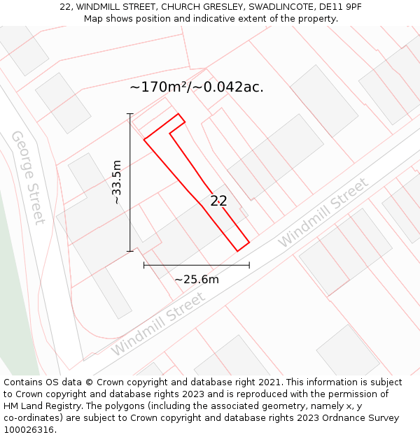 22, WINDMILL STREET, CHURCH GRESLEY, SWADLINCOTE, DE11 9PF: Plot and title map