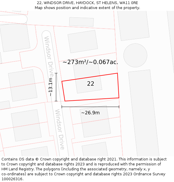 22, WINDSOR DRIVE, HAYDOCK, ST HELENS, WA11 0RE: Plot and title map