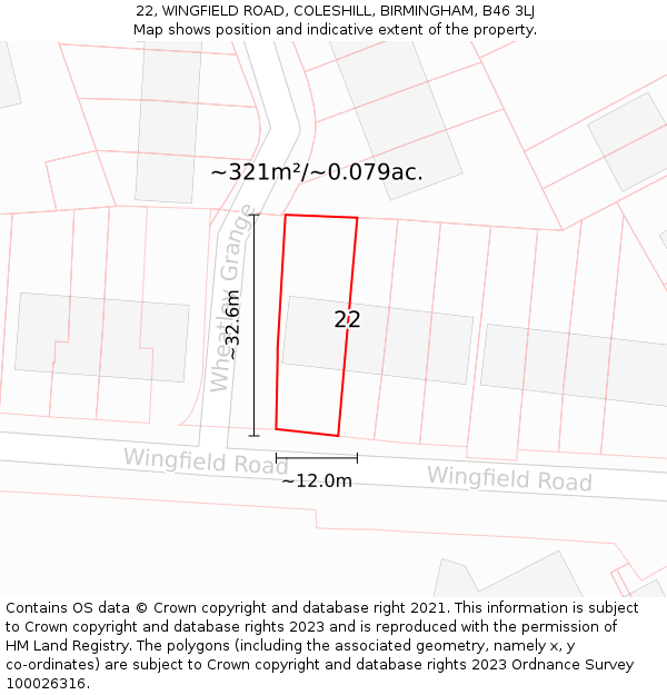 22, WINGFIELD ROAD, COLESHILL, BIRMINGHAM, B46 3LJ: Plot and title map