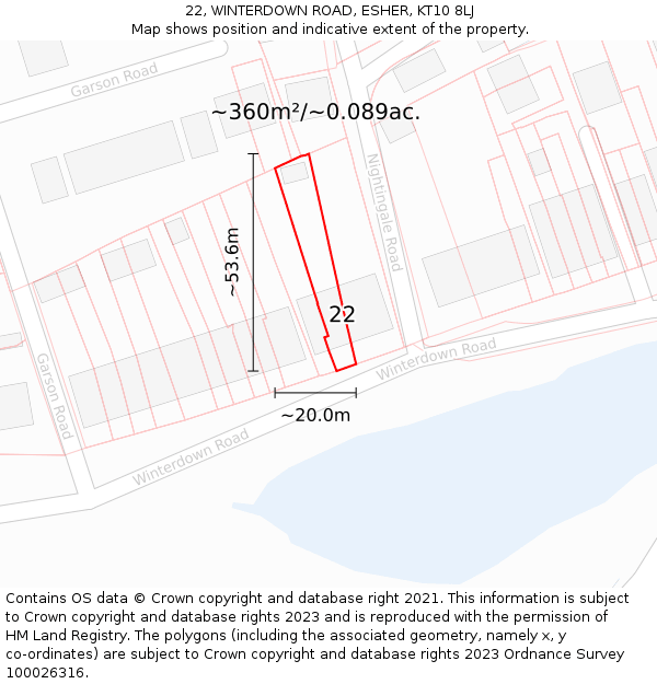 22, WINTERDOWN ROAD, ESHER, KT10 8LJ: Plot and title map