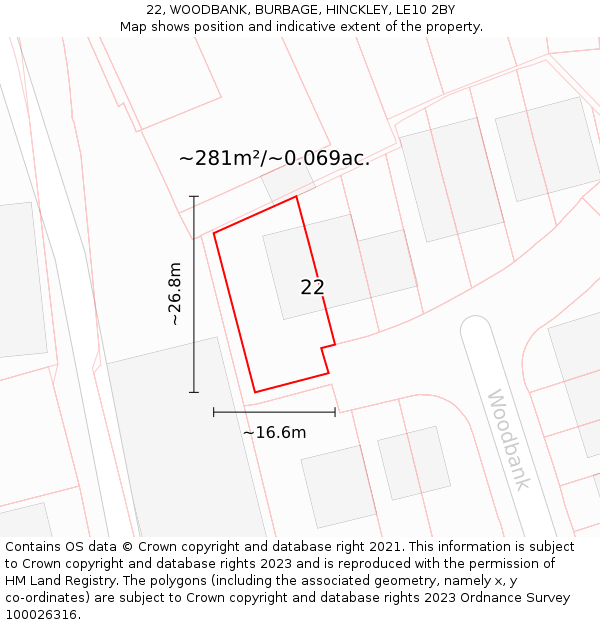 22, WOODBANK, BURBAGE, HINCKLEY, LE10 2BY: Plot and title map