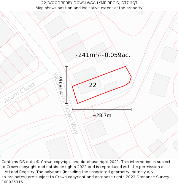 22, WOODBERRY DOWN WAY, LYME REGIS, DT7 3QT: Plot and title map