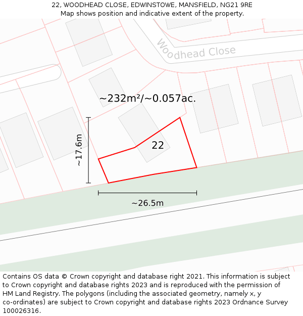 22, WOODHEAD CLOSE, EDWINSTOWE, MANSFIELD, NG21 9RE: Plot and title map