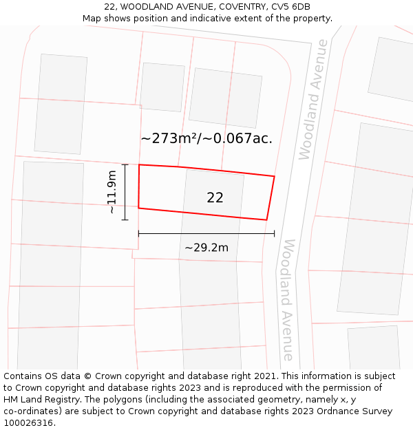 22, WOODLAND AVENUE, COVENTRY, CV5 6DB: Plot and title map