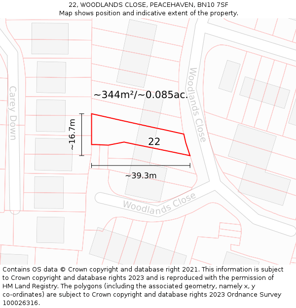 22, WOODLANDS CLOSE, PEACEHAVEN, BN10 7SF: Plot and title map