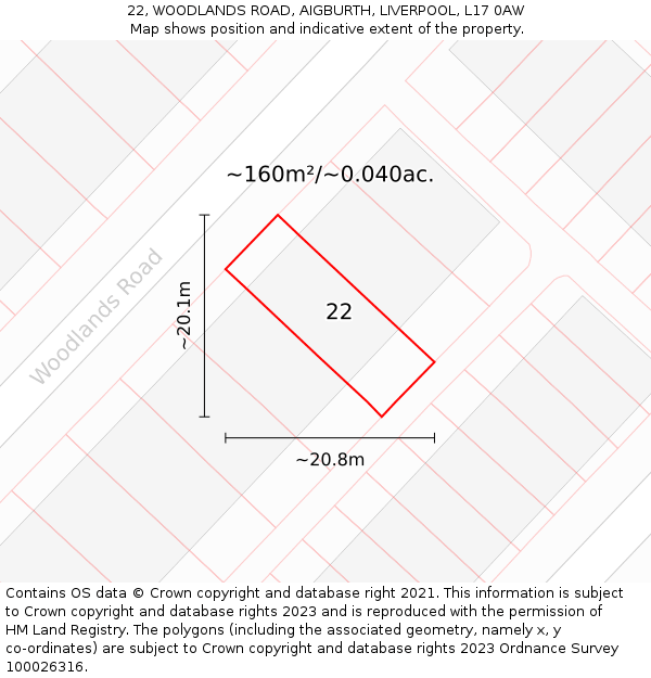 22, WOODLANDS ROAD, AIGBURTH, LIVERPOOL, L17 0AW: Plot and title map