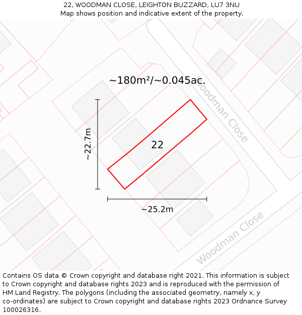 22, WOODMAN CLOSE, LEIGHTON BUZZARD, LU7 3NU: Plot and title map