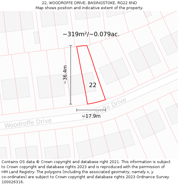 22, WOODROFFE DRIVE, BASINGSTOKE, RG22 6ND: Plot and title map