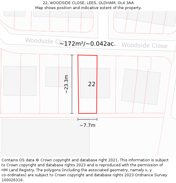 22, WOODSIDE CLOSE, LEES, OLDHAM, OL4 3AA: Plot and title map