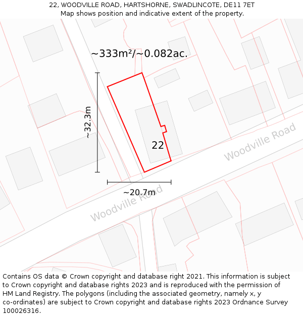 22, WOODVILLE ROAD, HARTSHORNE, SWADLINCOTE, DE11 7ET: Plot and title map