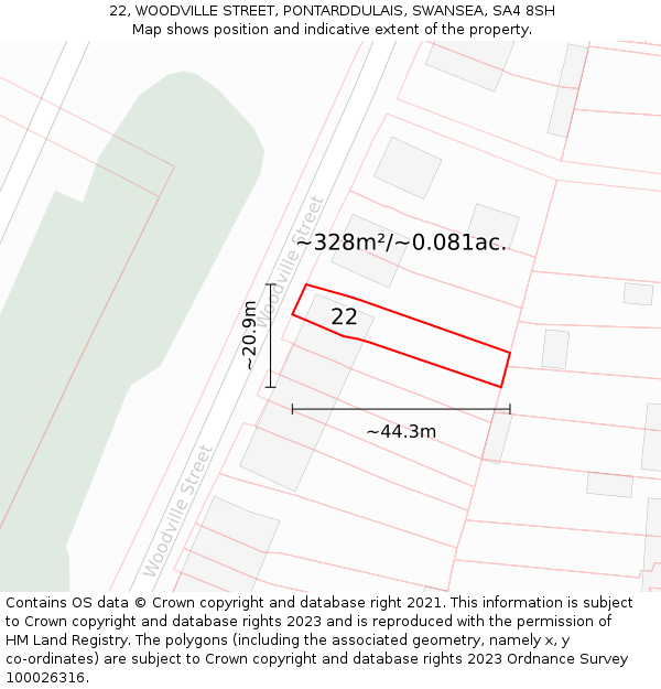 22, WOODVILLE STREET, PONTARDDULAIS, SWANSEA, SA4 8SH: Plot and title map