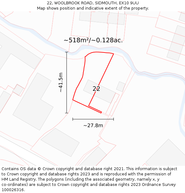 22, WOOLBROOK ROAD, SIDMOUTH, EX10 9UU: Plot and title map