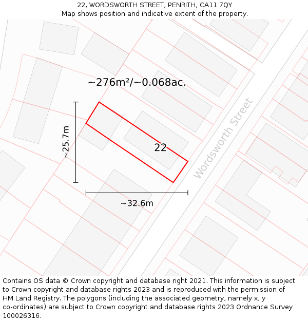 22, WORDSWORTH STREET, PENRITH, CA11 7QY: Plot and title map