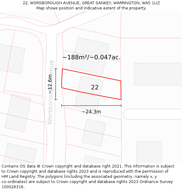 22, WORSBOROUGH AVENUE, GREAT SANKEY, WARRINGTON, WA5 1UZ: Plot and title map