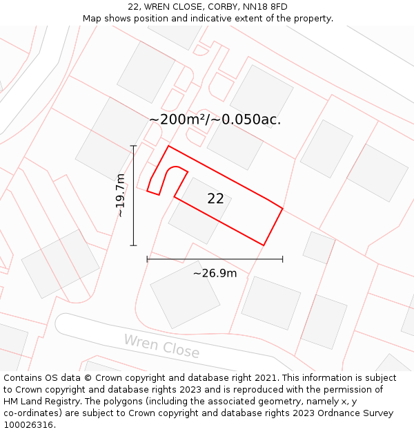 22, WREN CLOSE, CORBY, NN18 8FD: Plot and title map