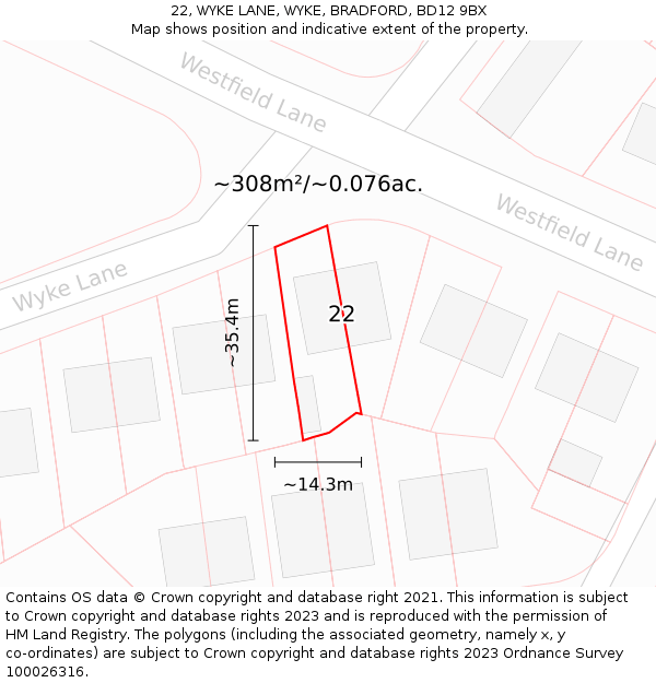 22, WYKE LANE, WYKE, BRADFORD, BD12 9BX: Plot and title map