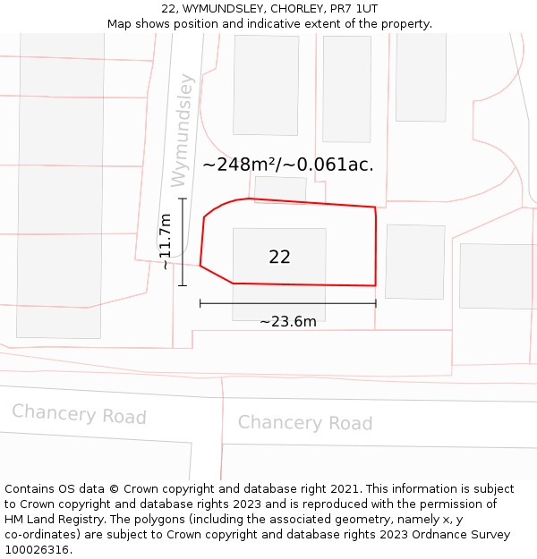 22, WYMUNDSLEY, CHORLEY, PR7 1UT: Plot and title map