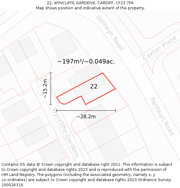 22, WYNCLIFFE GARDENS, CARDIFF, CF23 7FA: Plot and title map