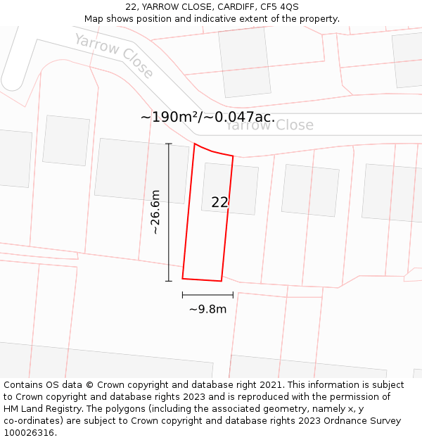 22, YARROW CLOSE, CARDIFF, CF5 4QS: Plot and title map