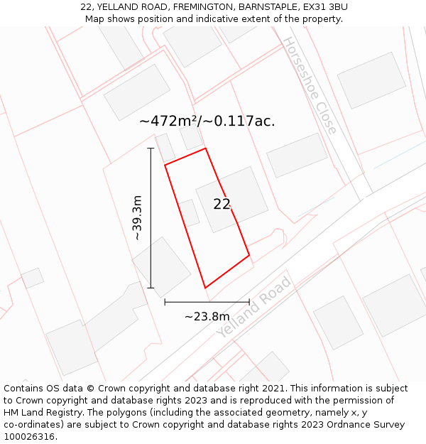 22, YELLAND ROAD, FREMINGTON, BARNSTAPLE, EX31 3BU: Plot and title map