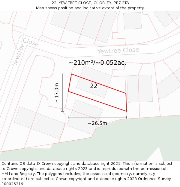 22, YEW TREE CLOSE, CHORLEY, PR7 3TA: Plot and title map