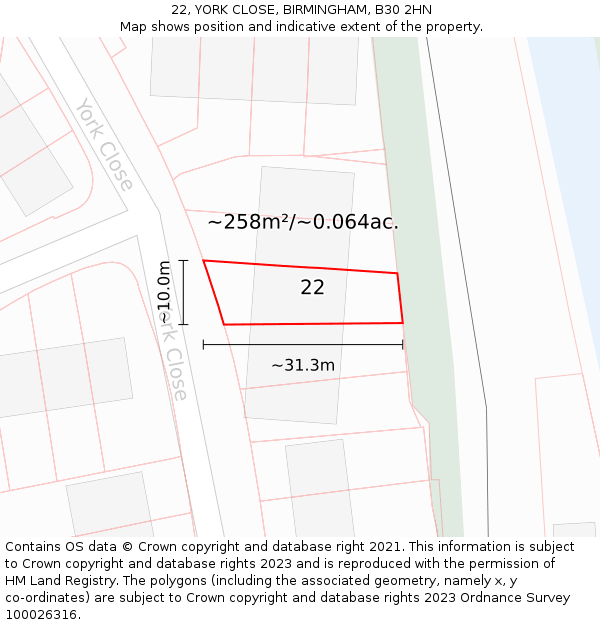 22, YORK CLOSE, BIRMINGHAM, B30 2HN: Plot and title map