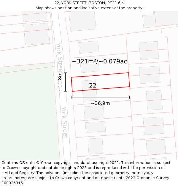 22, YORK STREET, BOSTON, PE21 6JN: Plot and title map