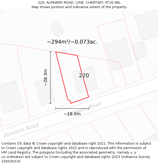 220, ALMNERS ROAD, LYNE, CHERTSEY, KT16 0BL: Plot and title map