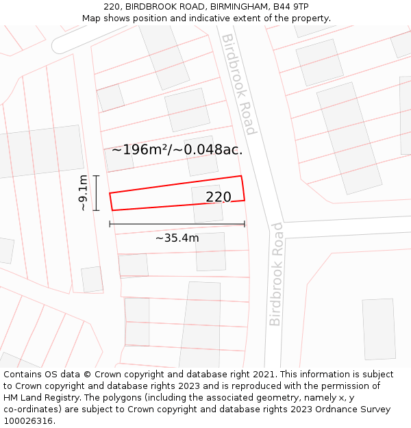 220, BIRDBROOK ROAD, BIRMINGHAM, B44 9TP: Plot and title map