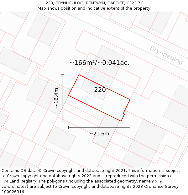 220, BRYNHEULOG, PENTWYN, CARDIFF, CF23 7JF: Plot and title map