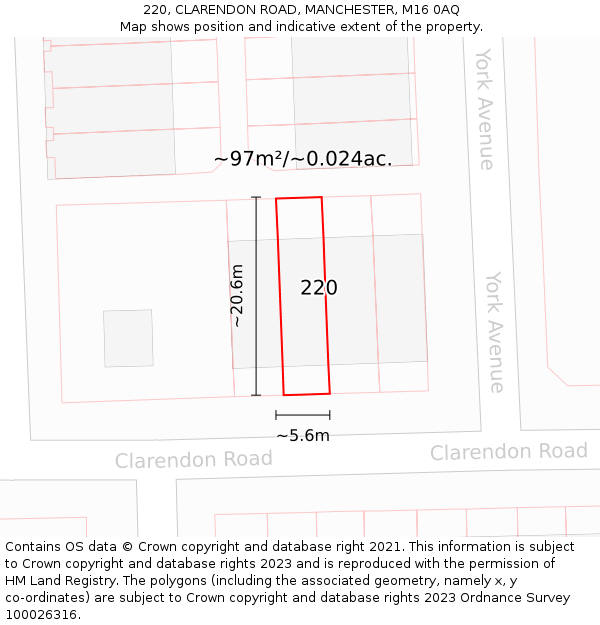 220, CLARENDON ROAD, MANCHESTER, M16 0AQ: Plot and title map