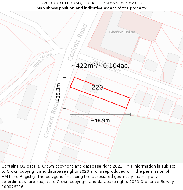 220, COCKETT ROAD, COCKETT, SWANSEA, SA2 0FN: Plot and title map