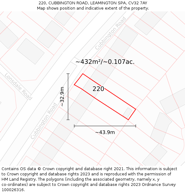 220, CUBBINGTON ROAD, LEAMINGTON SPA, CV32 7AY: Plot and title map