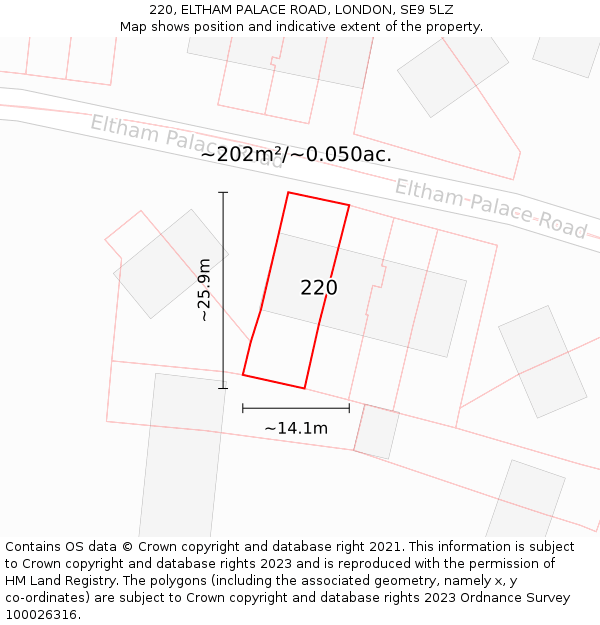 220, ELTHAM PALACE ROAD, LONDON, SE9 5LZ: Plot and title map