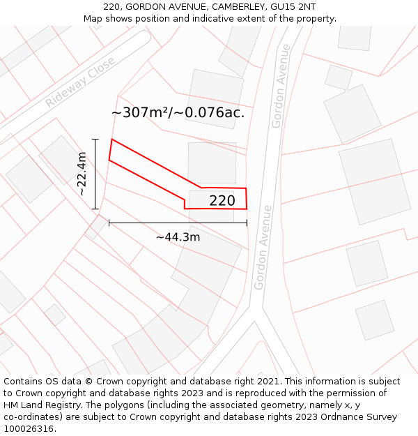 220, GORDON AVENUE, CAMBERLEY, GU15 2NT: Plot and title map