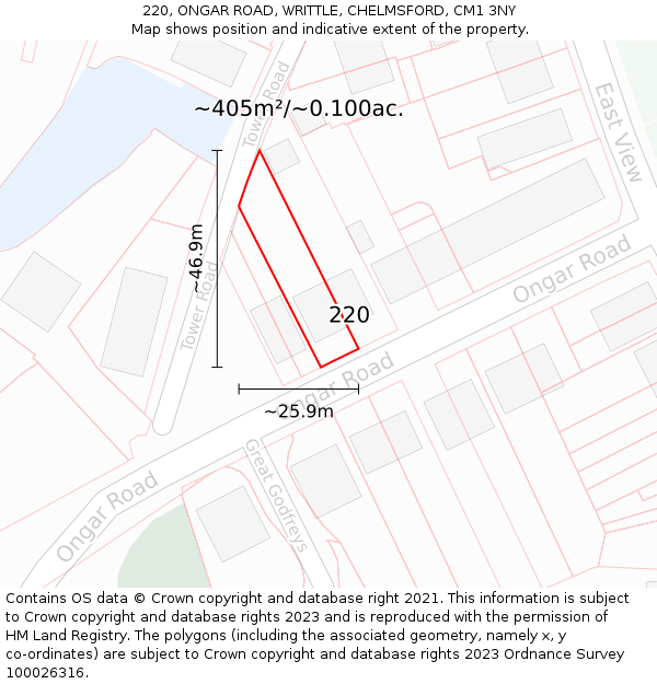 220, ONGAR ROAD, WRITTLE, CHELMSFORD, CM1 3NY: Plot and title map