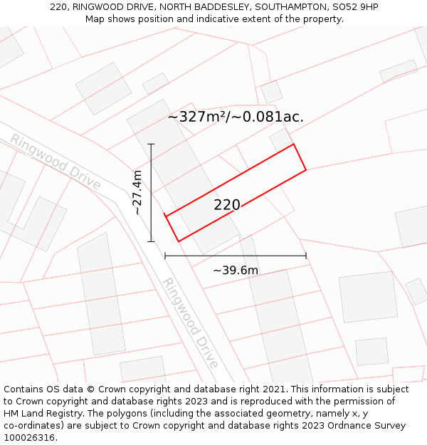 220, RINGWOOD DRIVE, NORTH BADDESLEY, SOUTHAMPTON, SO52 9HP: Plot and title map