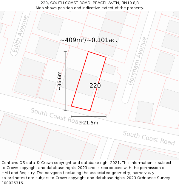 220, SOUTH COAST ROAD, PEACEHAVEN, BN10 8JR: Plot and title map