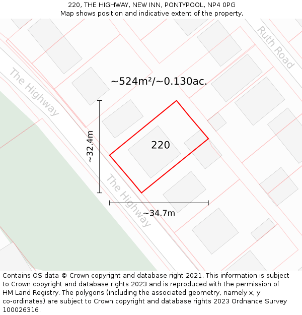 220, THE HIGHWAY, NEW INN, PONTYPOOL, NP4 0PG: Plot and title map