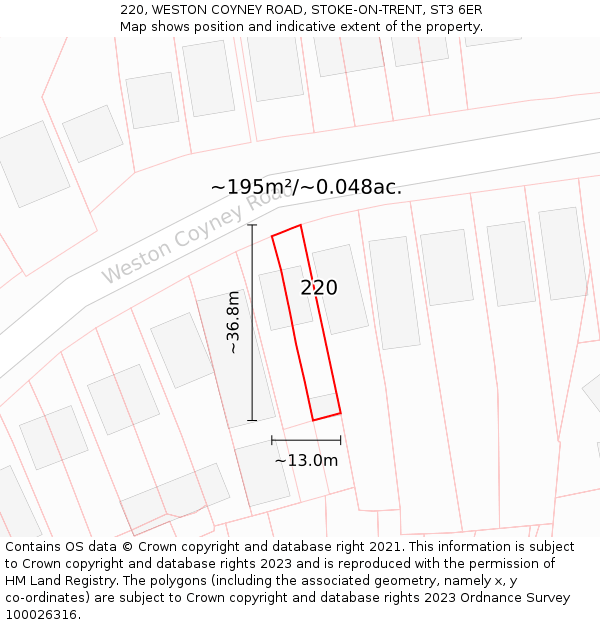 220, WESTON COYNEY ROAD, STOKE-ON-TRENT, ST3 6ER: Plot and title map