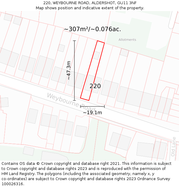 220, WEYBOURNE ROAD, ALDERSHOT, GU11 3NF: Plot and title map