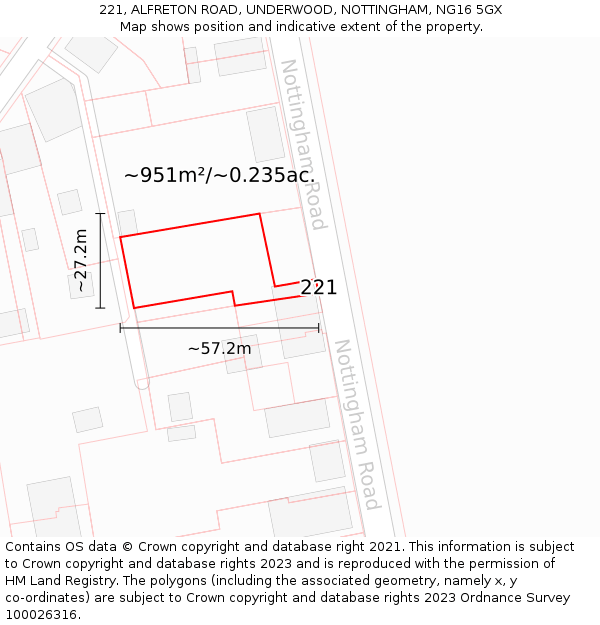 221, ALFRETON ROAD, UNDERWOOD, NOTTINGHAM, NG16 5GX: Plot and title map