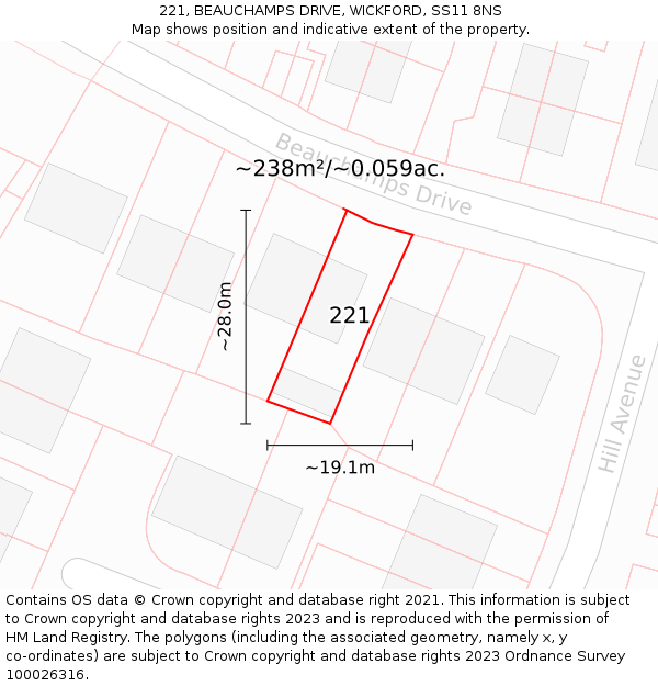 221, BEAUCHAMPS DRIVE, WICKFORD, SS11 8NS: Plot and title map