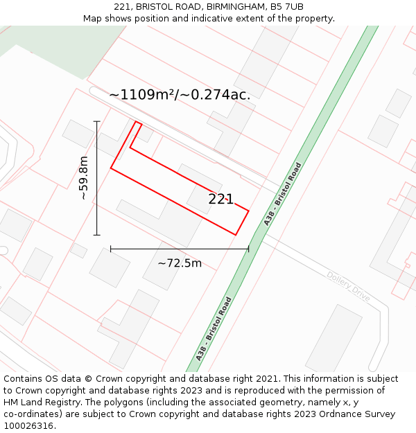 221, BRISTOL ROAD, BIRMINGHAM, B5 7UB: Plot and title map