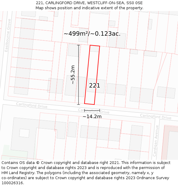 221, CARLINGFORD DRIVE, WESTCLIFF-ON-SEA, SS0 0SE: Plot and title map